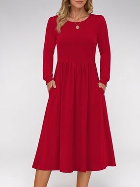 Fantaslook Red Midi Dress 2XL Long Sleeve Flowy Dress w Pockets Fall NWT